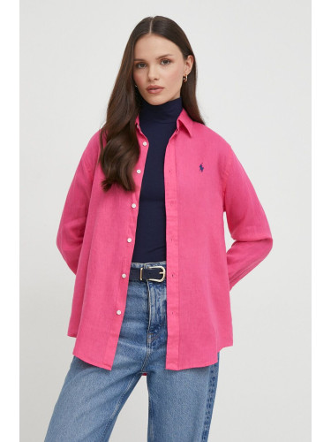 Ленена риза Polo Ralph Lauren в розово със стандартна кройка с класическа яка 211920516