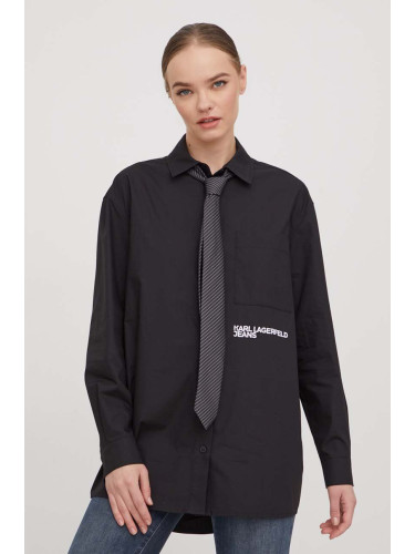 Памучна риза Karl Lagerfeld Jeans дамска в черно със свободна кройка с класическа яка