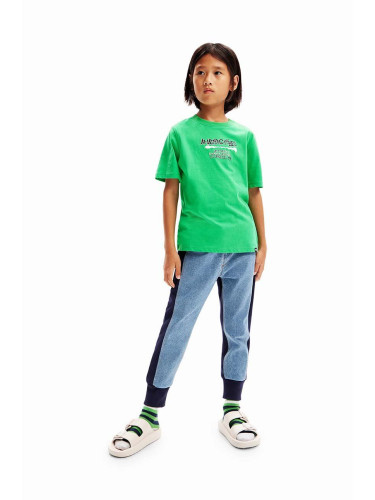 Детска памучна тениска Desigual в зелено с принт