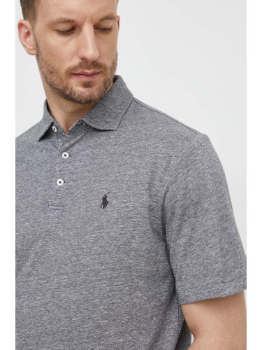 Тениска с яка лен Polo Ralph Lauren в сиво с изчистен дизайн 710933390