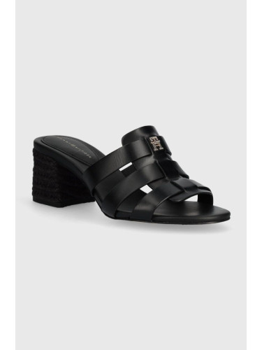 Кожени чехли Tommy Hilfiger BLOCK MID HEEL LEATHER SANDAL в черно с дебел ток FW0FW08049