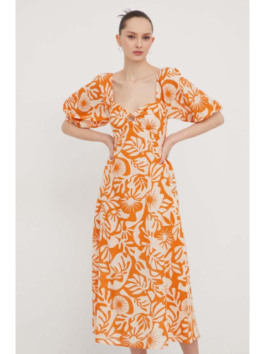 Памучна рокля Billabong Paradise в оранжево среднодълга разкроена