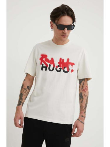 Памучна тениска HUGO в бежово с принт 50508513