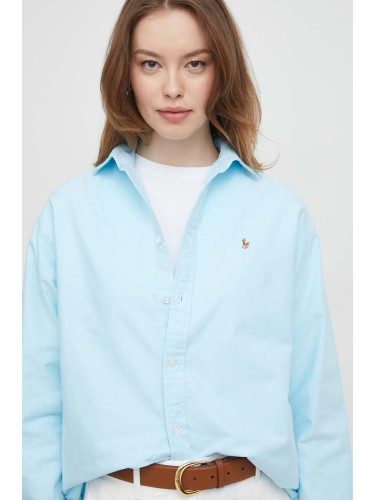 Памучна риза Polo Ralph Lauren дамска в синьо със свободна кройка с класическа яка 211931064