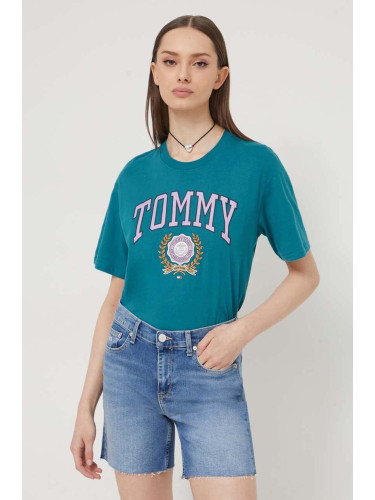 Памучна тениска Tommy Jeans в зелено DW0DW17824