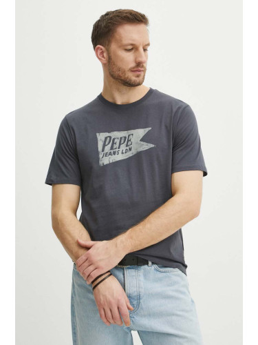Памучна тениска Pepe Jeans SINGLE CARDIFF в сиво с принт PM509401