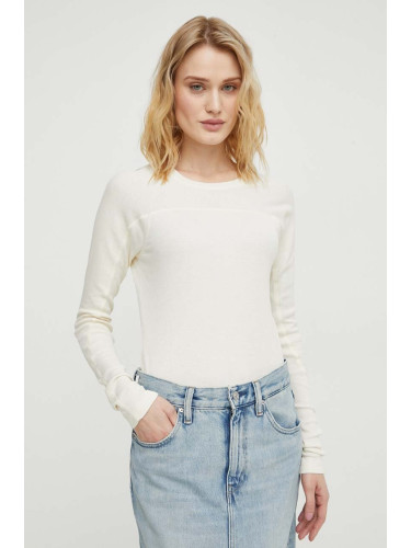 Памучна блуза с дълги ръкави G-Star в бежово