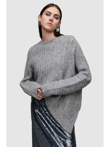 Вълнен пуловер AllSaints Selena в сиво от топла материя с ниско поло