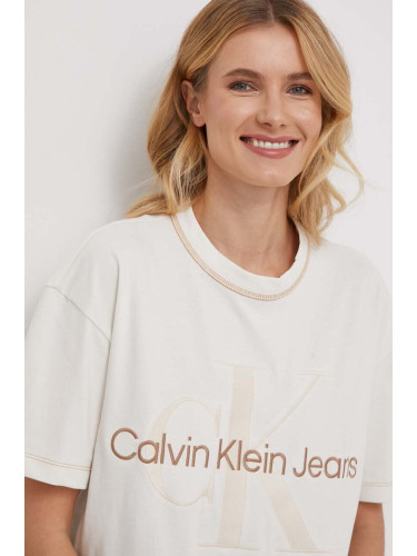 Памучна тениска Calvin Klein Jeans в бежово J20J222974