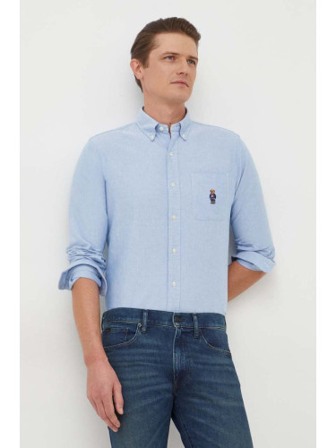 Памучна риза Polo Ralph Lauren мъжка в синьо със стандартна кройка с яка копче 710928917