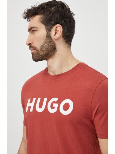 Памучна тениска HUGO в бордо с принт 50467556