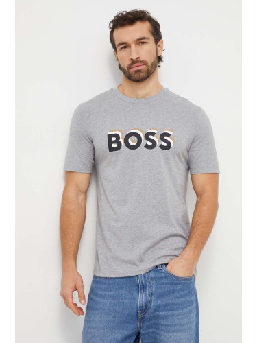Памучна тениска BOSS в сиво с принт 50506923