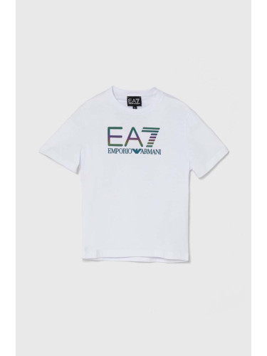 Детска памучна тениска EA7 Emporio Armani в бяло с принт