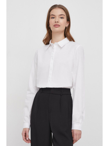 Риза Sisley дамска в бяло със стандартна кройка с класическа яка