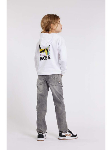 Детски суичър BOSS в бяло с качулка с принт
