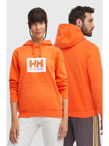 Памучен суичър Helly Hansen в оранжево с качулка принт 62981 53289