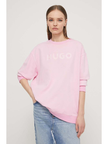 Памучен суичър HUGO в розово с апликация 50512022