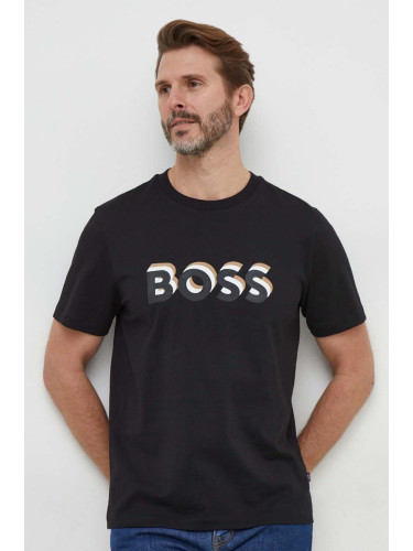 Памучна тениска BOSS в черно с принт 50506923