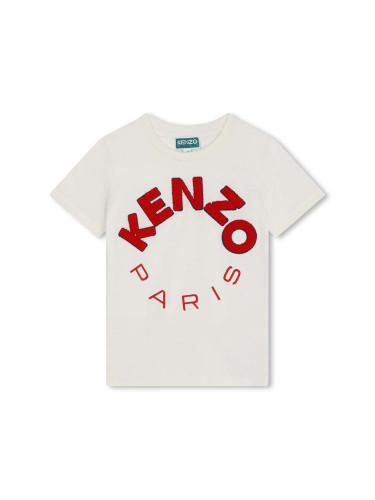 Детска памучна тениска Kenzo Kids в бежово с принт