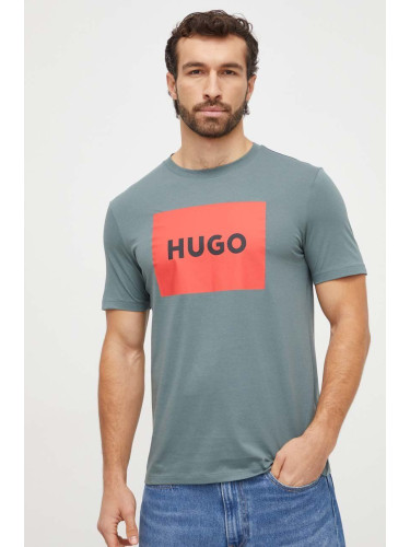 Памучна тениска HUGO в зелено с принт 50467952