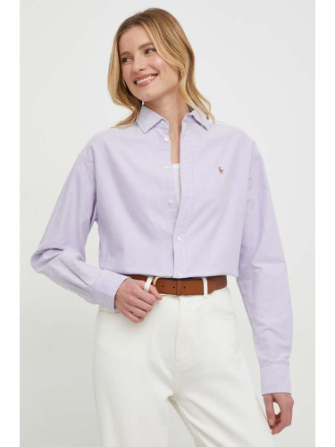 Памучна риза Polo Ralph Lauren дамска в лилаво със свободна кройка с класическа яка 211931064
