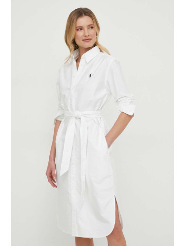 Памучна рокля Polo Ralph Lauren в бяло къса със стандартна кройка 211928804