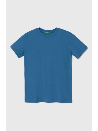 Детска памучна тениска United Colors of Benetton в синьо с изчистен дизайн