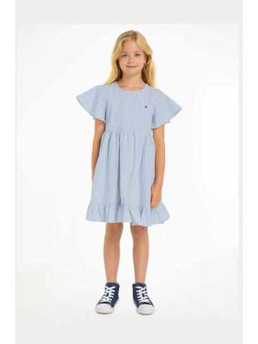 Детска памучна рокля Tommy Hilfiger в синьо къса разкроена