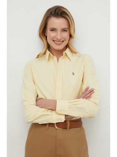 Памучна риза Polo Ralph Lauren дамска в жълто със свободна кройка с класическа яка 211932521