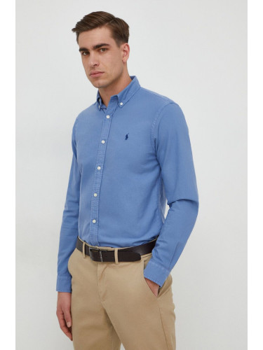 Памучна риза Polo Ralph Lauren мъжка в синьо с кройка по тялото яка копче 710723610