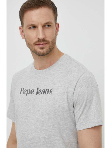 Памучна тениска Pepe Jeans CLIFTON в сиво с принт PM509374