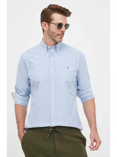 Памучна риза Polo Ralph Lauren мъжка в синьо със стандартна кройка с яка копче 710792041
