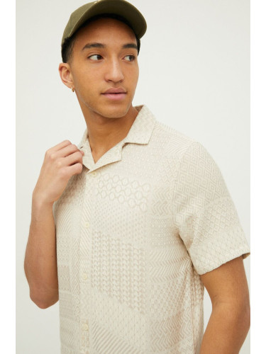 Памучна риза Hollister Co. мъжка в бежово със стандартна кройка