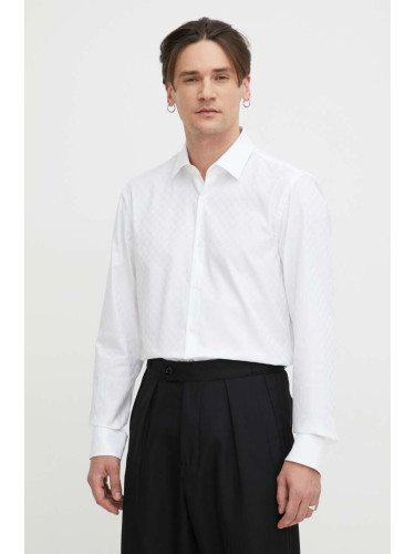 Памучна риза HUGO мъжка в бяло с кройка по тялото класическа яка 50508316