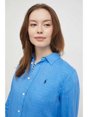 Ленена риза Polo Ralph Lauren в синьо със стандартна кройка с класическа яка 211920516