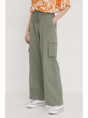 Памучен панталон Roxy в зелено с широка каройка, висока талия ERJNP03544 ARJNP03286