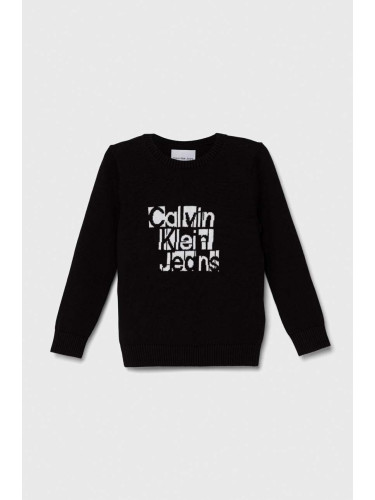 Детски памучен пуловер Calvin Klein Jeans в черно от лека материя