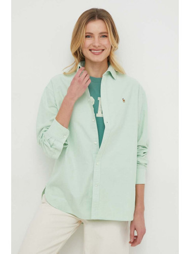 Памучна риза Polo Ralph Lauren дамска в зелено със свободна кройка с класическа яка 211931064