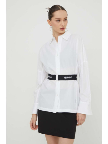Риза HUGO дамска в бяло със свободна кройка с класическа яка 50506904