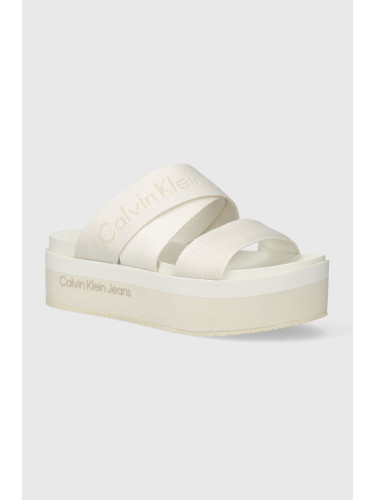 Чехли Calvin Klein Jeans FLATFORM SANDAL WEBBING IN MR в бежово с платформа YW0YW01361