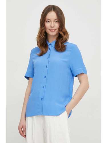 Риза Tommy Hilfiger дамска в синьо със стандартна кройка с класическа яка WW0WW41831