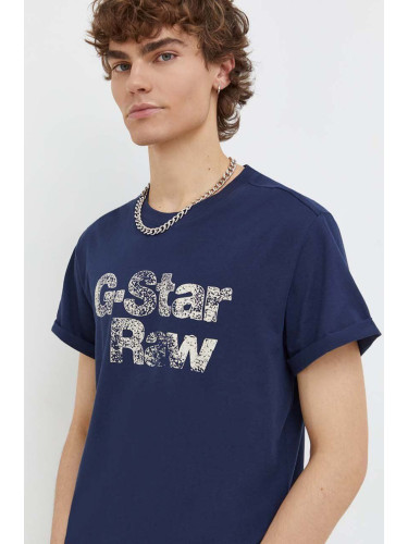 Памучна тениска G-Star Raw в тъмносиньо с принт