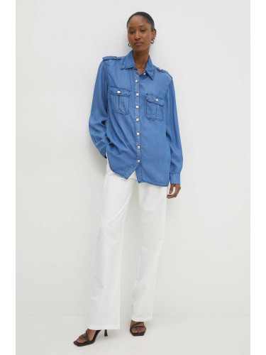 Риза Answear Lab дамска в синьо със стандартна кройка с класическа яка