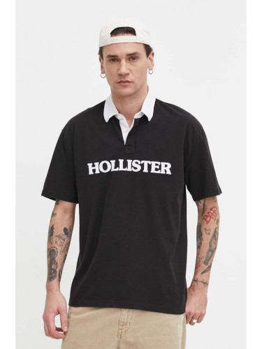Памучна тениска с яка Hollister Co. в черно с апликация