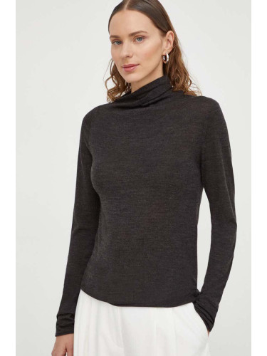 Вълнен пуловер Lovechild дамски в сиво от лека материя с ниско поло 8784157