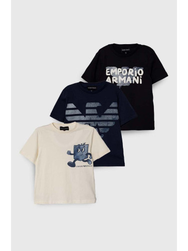 Детска памучна тениска Emporio Armani (3 броя) в синьо с принт