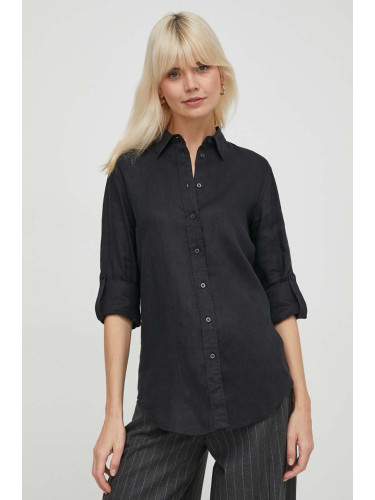 Ленена риза Lauren Ralph в черно със стандартна кройка с класическа яка 200782777