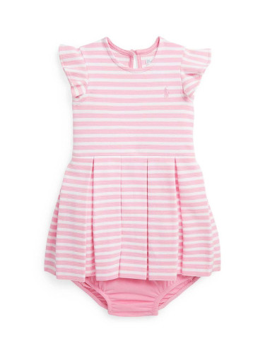 Бебешка памучна рокля Polo Ralph Lauren в розово къса разкроена