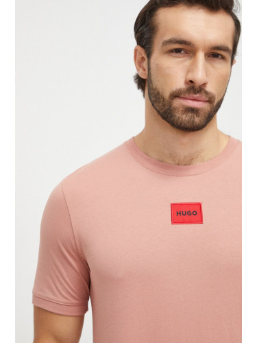 Памучна тениска HUGO в розово с апликация 50447978