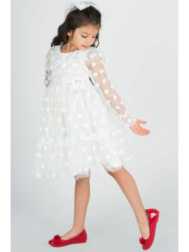 Официална детска рокля на точки с харбала в бяло с тюл, дълъг ръкав, к